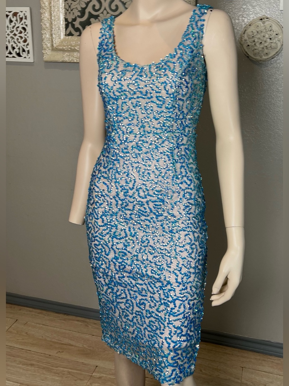 French Connection Aqua Blue Beaded Sequin Scoop Neck Sheath Dress